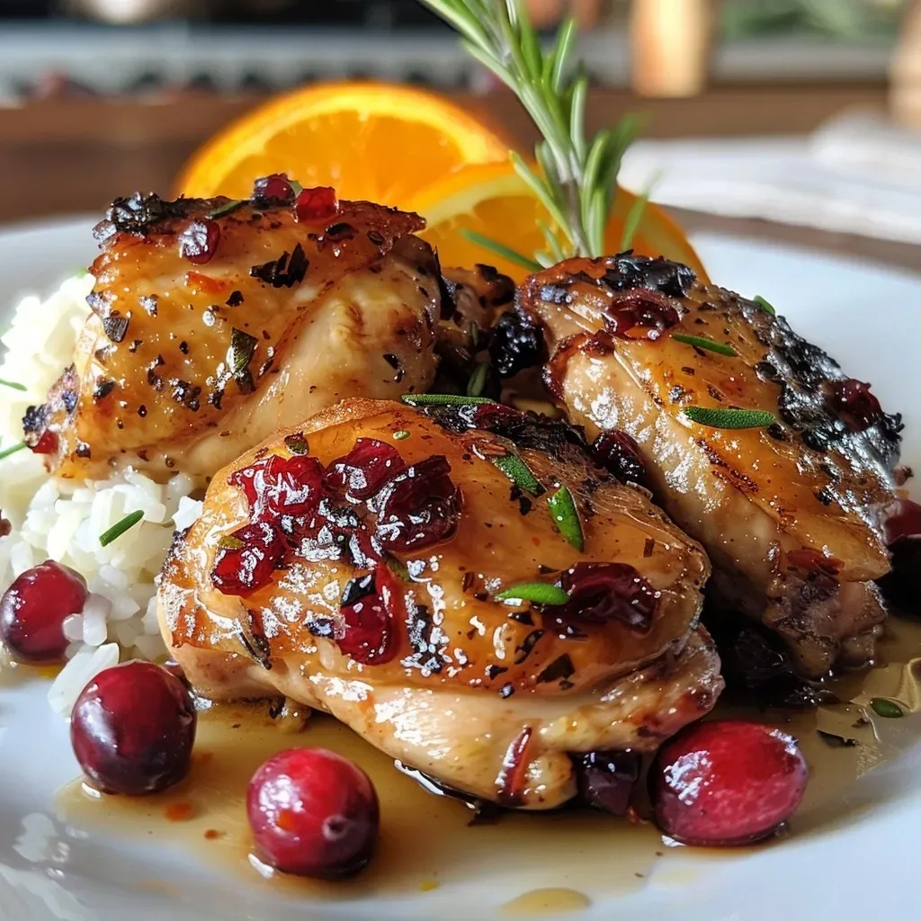 Close-up view of juicy Cranberry Orange Chicken thighs on a plate.