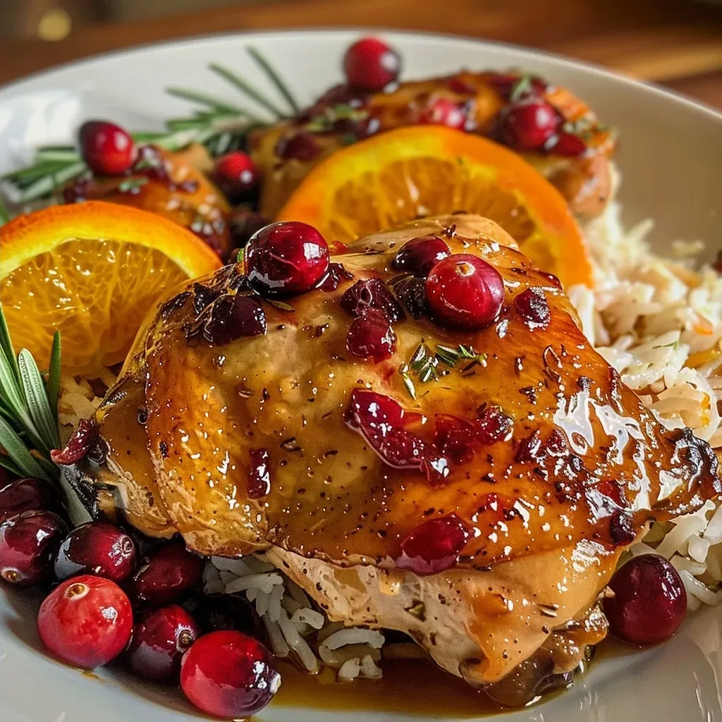 Side view of baked chicken thighs with cranberry and orange glaze.