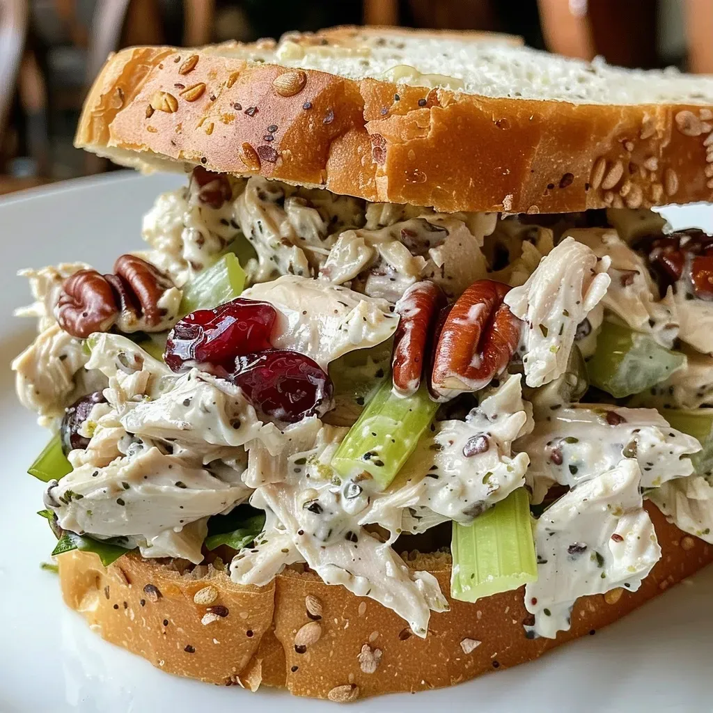 Side view of a juicy Cranberry Pecan Chicken Salad Sandwich on white bread.