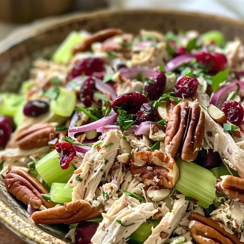 Close-up view of a delicious cranberry pecan chicken salad with visible ingredients.