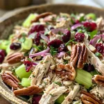A close-up view of a creamy Cranberry Pecan Chicken Salad garnished with fresh parsley.