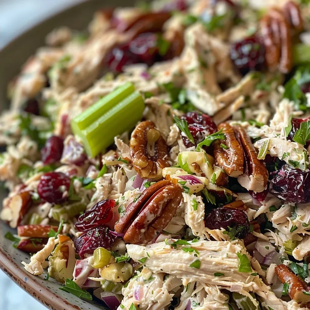 Side photo of cranberry pecan chicken salad featuring chicken, cranberries, and pecans.
