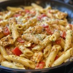 Close-up of creamy Cajun chicken pasta with a side view showcasing juicy chicken pieces and vibrant spices.