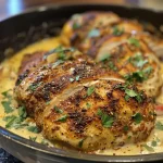 Close-up view of creamy Cajun chicken with diced vegetables on a plate.