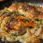 Close-up view of juicy creamy caramelized onion chicken on a plate.
