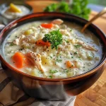 Close-up view of a creamy chicken and rice soup in a bowl, garnished with fresh parsley.