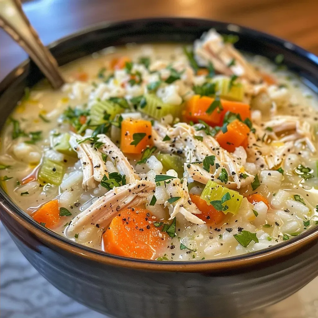 Side angle of a hearty creamy chicken and rice soup, showcasing tender chicken pieces and vegetables.