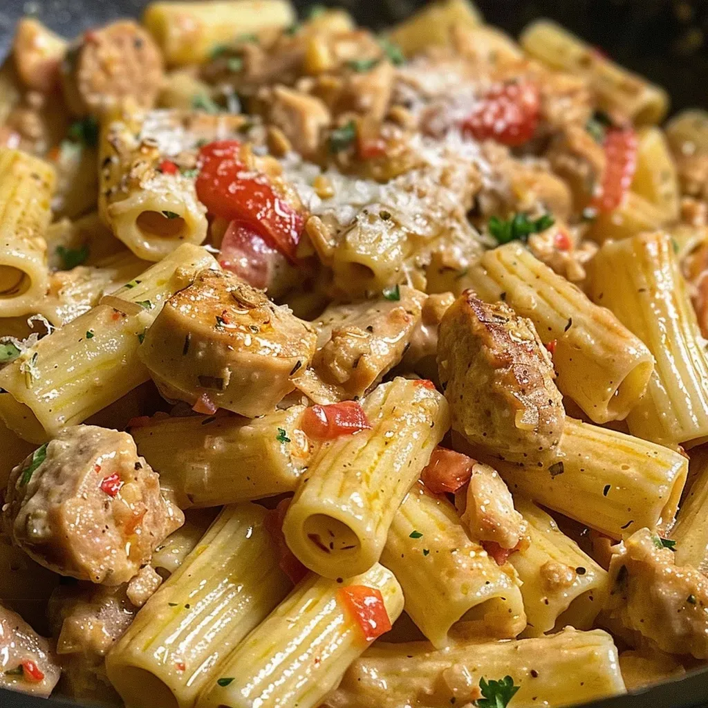 Close-up of creamy chicken and sausage pasta with vibrant red bell pepper and parsley.