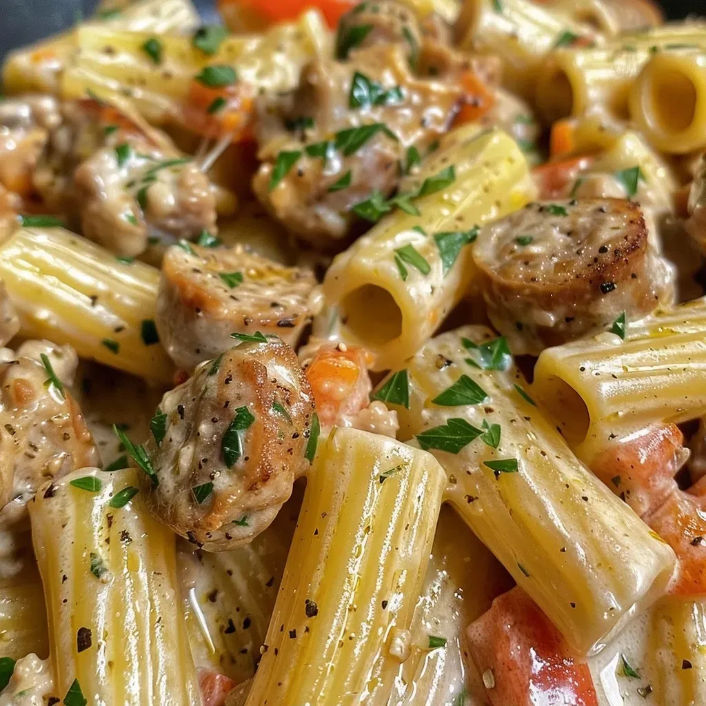 Side view of a plate of creamy pasta featuring chicken, sausage, and fresh herbs.