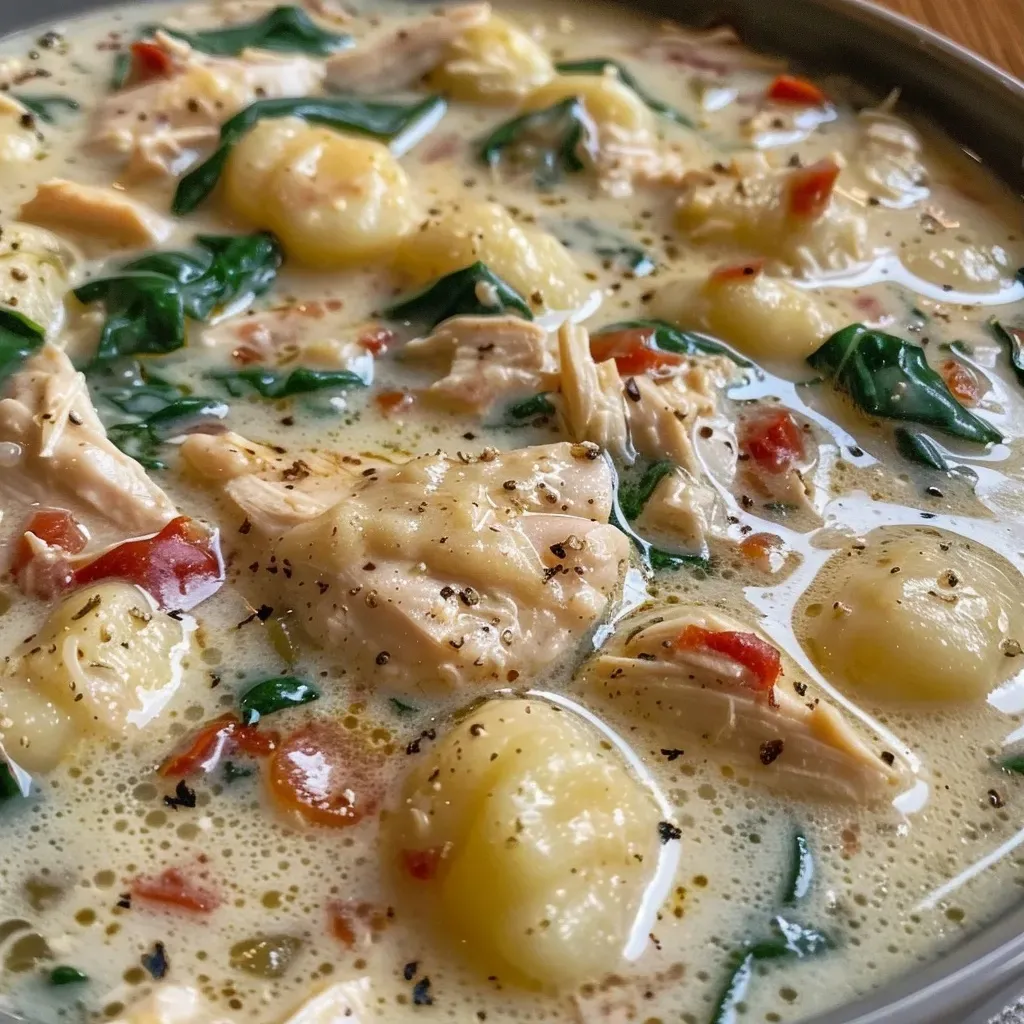 A bowl of creamy chicken gnocchi soup with sun-dried tomatoes, spinach, and Parmesan, garnished with fresh basil.