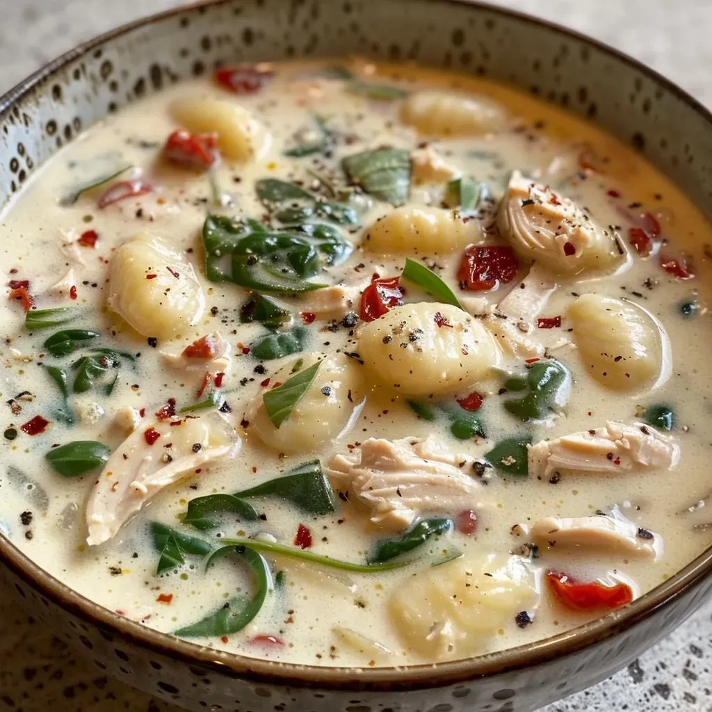 Close-up view of a hearty chicken gnocchi soup showcasing creamy texture, pieces of chicken, and vibrant sun-dried tomatoes.