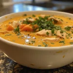 A close-up of creamy chicken pumpkin soup in a bowl, garnished with herbs.