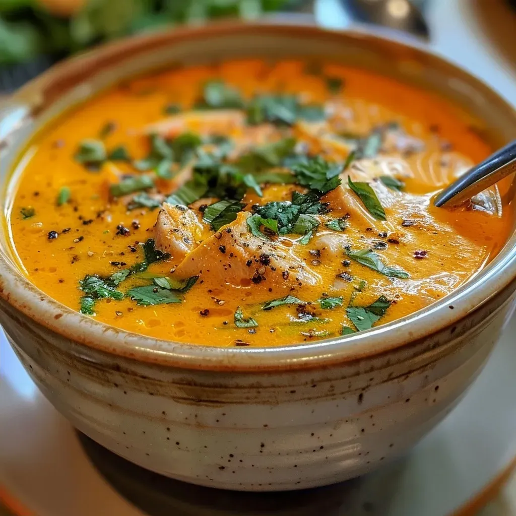 Side view of a vibrant bowl of creamy chicken pumpkin soup, showcasing its texture.