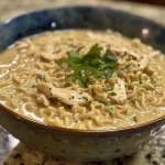 A close-up view of creamy chicken ramen soup with garnishes.