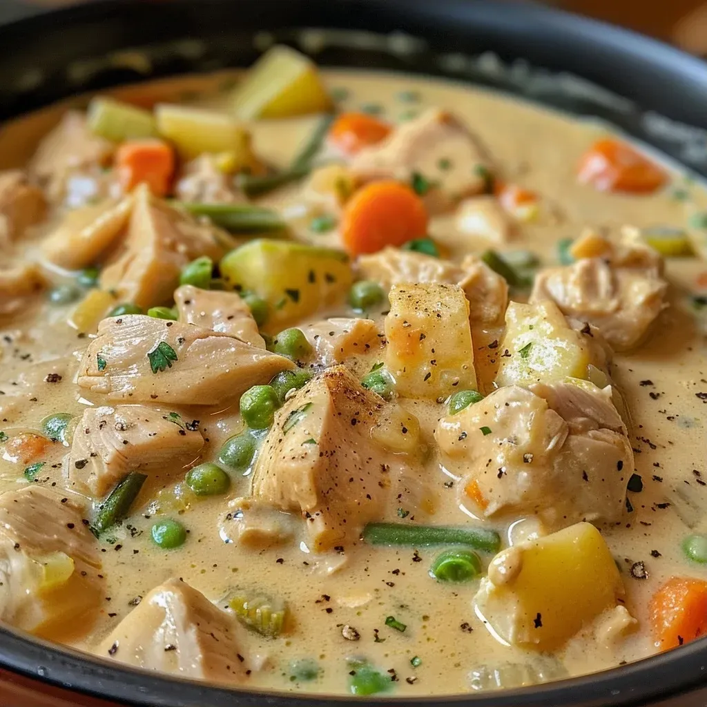 Close-up of a creamy chicken stew in a bowl, showcasing tender chicken and colorful vegetables.