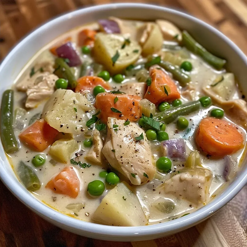 Side view of creamy chicken stew with chunks of chicken, carrots, and potatoes in a rich sauce.