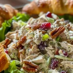 Close-up view of creamy cranberry pecan chicken salad topped with pecans and cranberries.