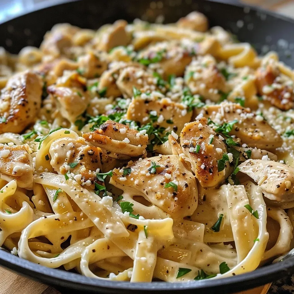 Juicy creamy garlic butter chicken linguine served in a skillet, showcasing tender chicken and pasta.