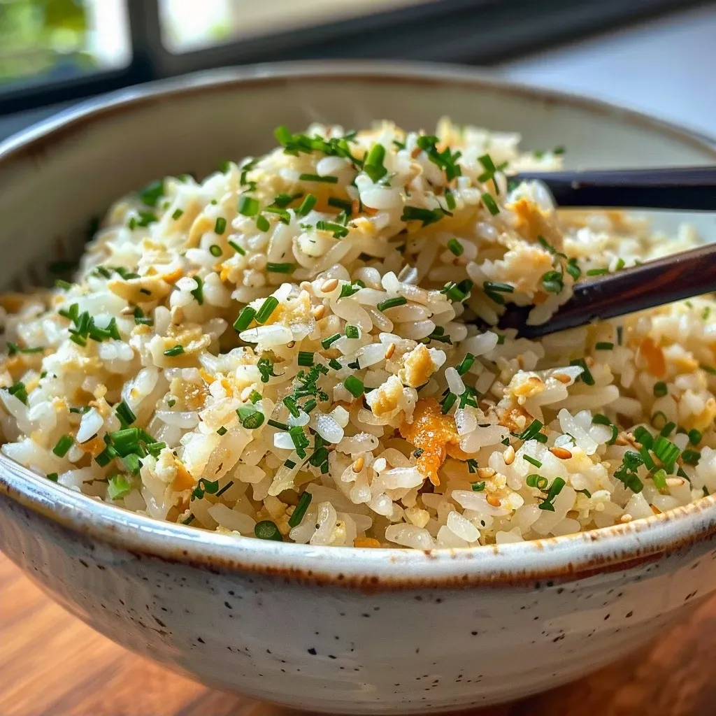 Juicy, flavorful garlic fried rice served in a bowl, highlighting its creamy texture and glossy appearance.