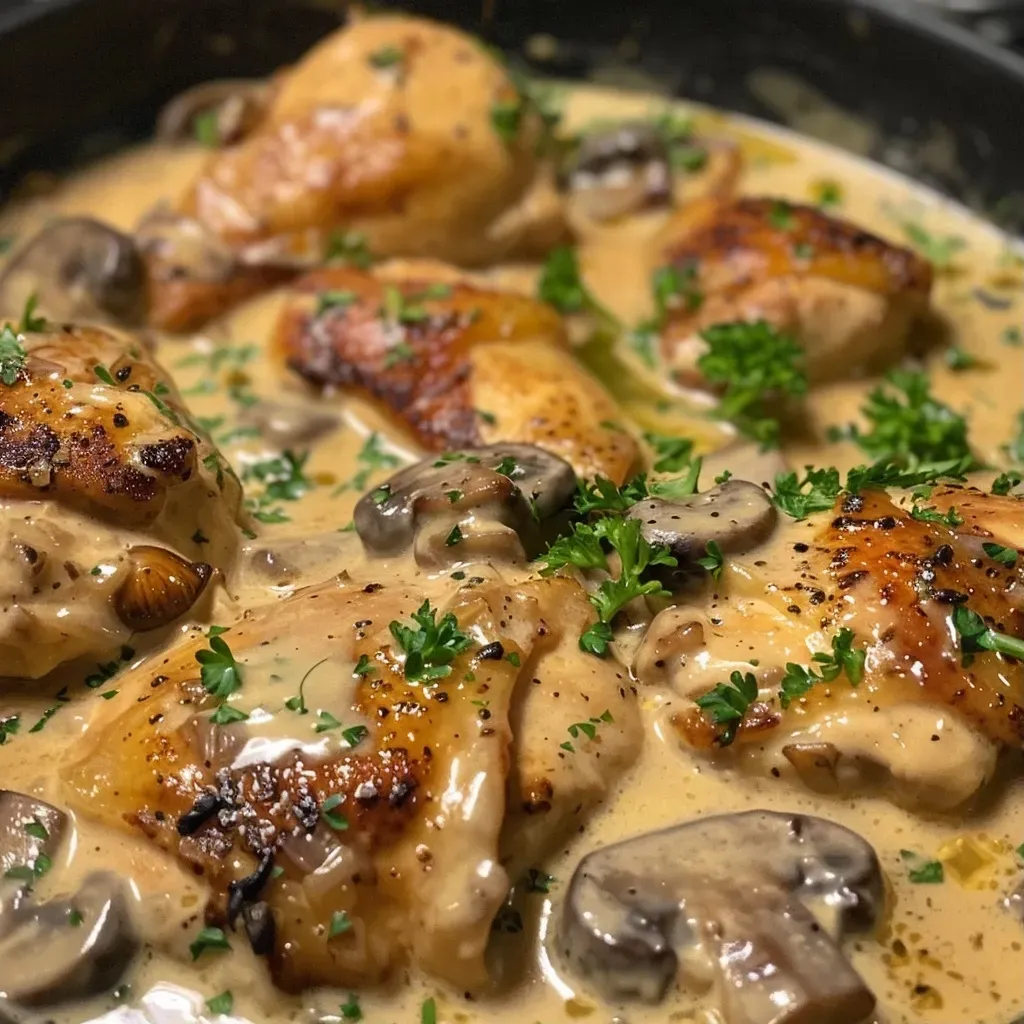 Close-up view of creamy mushroom chicken dish with broccoli on the side.