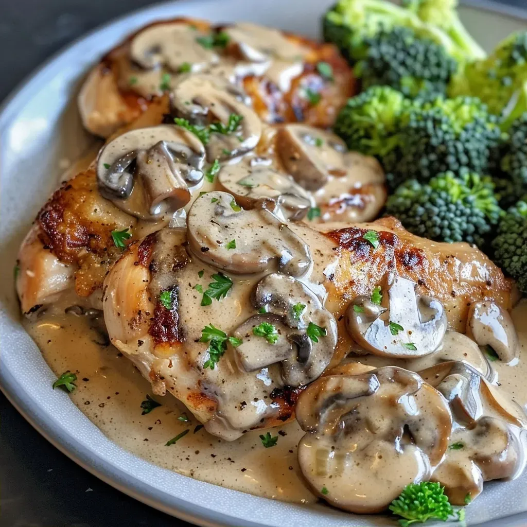 Juicy chicken breasts in a creamy mushroom sauce, garnished with parsley.