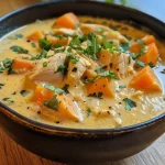 A close-up view of creamy pumpkin chicken soup with vibrant orange color and chunks of chicken.