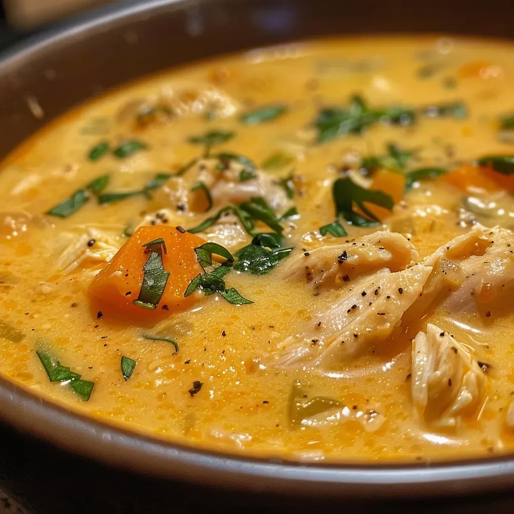 A side view of creamy pumpkin chicken soup garnished with herbs on a wooden table.