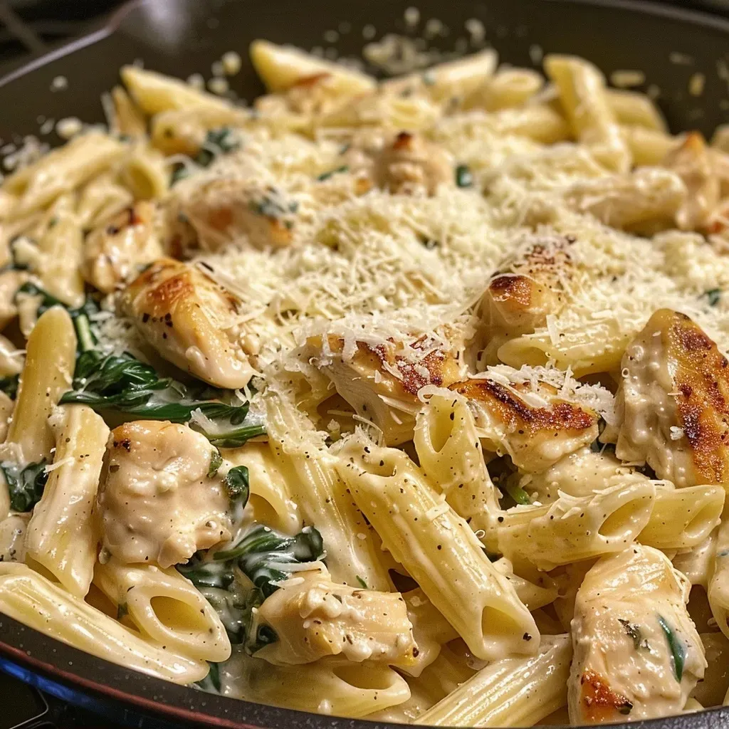 A close-up view of creamy ricotta chicken pasta with spinach, garnished with Parmesan cheese.
