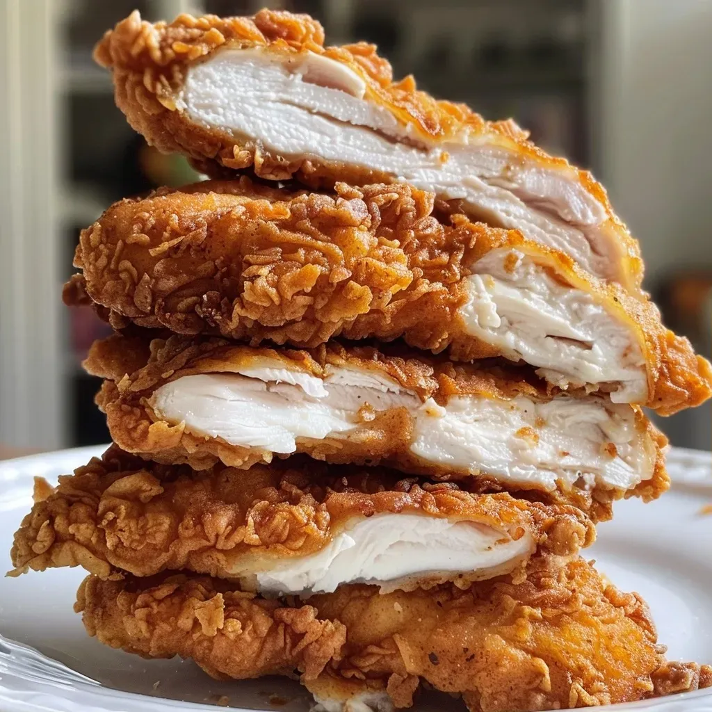 Close-up of crispy chicken tenders with a golden-brown coating.
