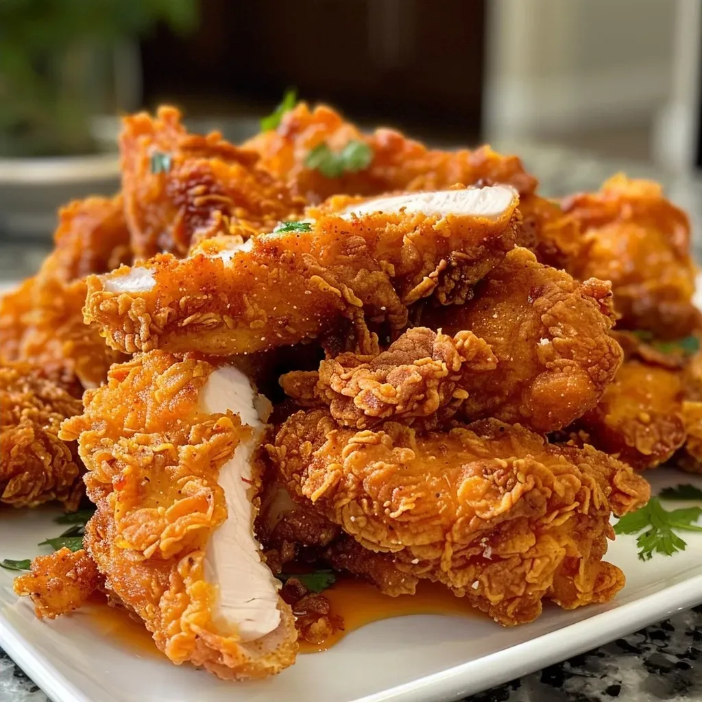 Side view of juicy chicken tenders on a plate, showcasing their crispy exterior.