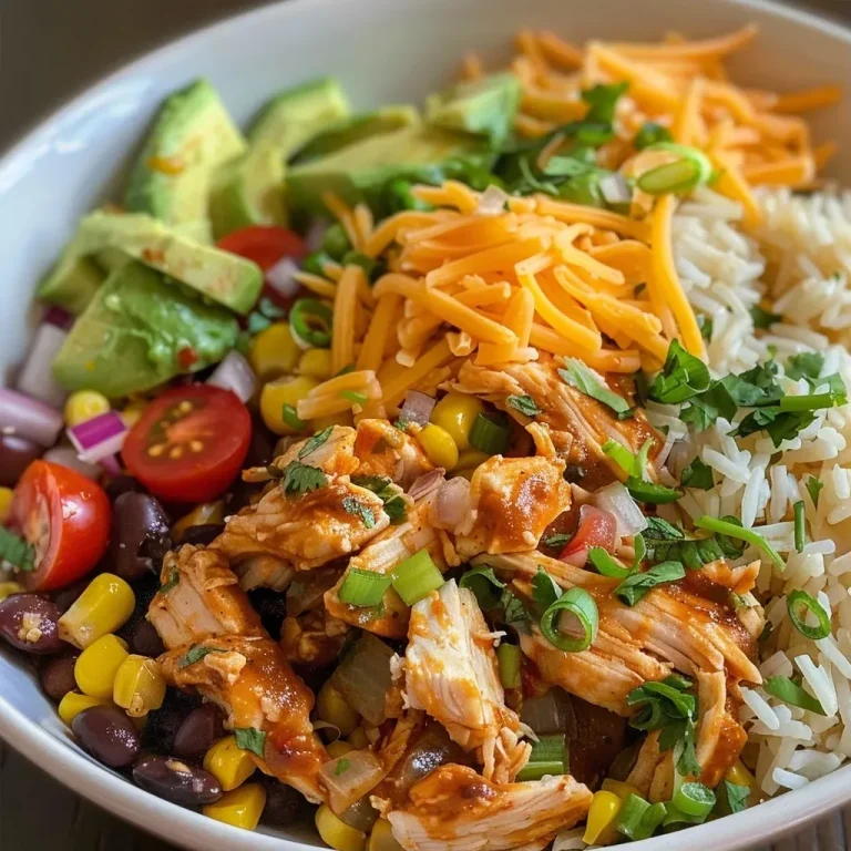 Close-up of a colorful Crock Pot Chicken Burrito Bowl with shredded chicken, rice, and toppings.