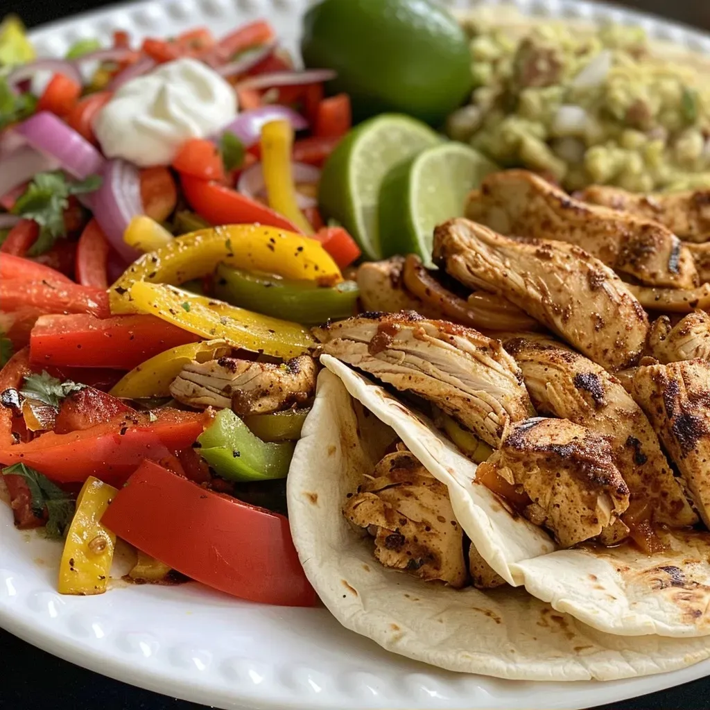Side view of a bowl filled with vibrant Chicken Fajitas showcasing tender chicken and sliced vegetables.