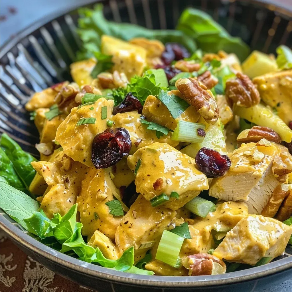 Side view of a colorful Curry Chicken Salad featuring chicken, apples, and cranberries.