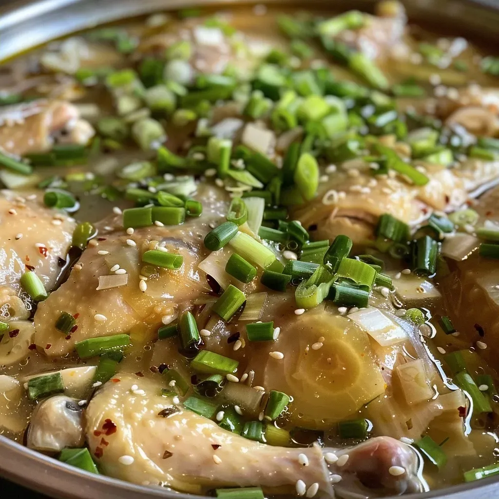 Side view of a flavorful Korean chicken soup, highlighting the juicy chicken pieces and aromatic broth.