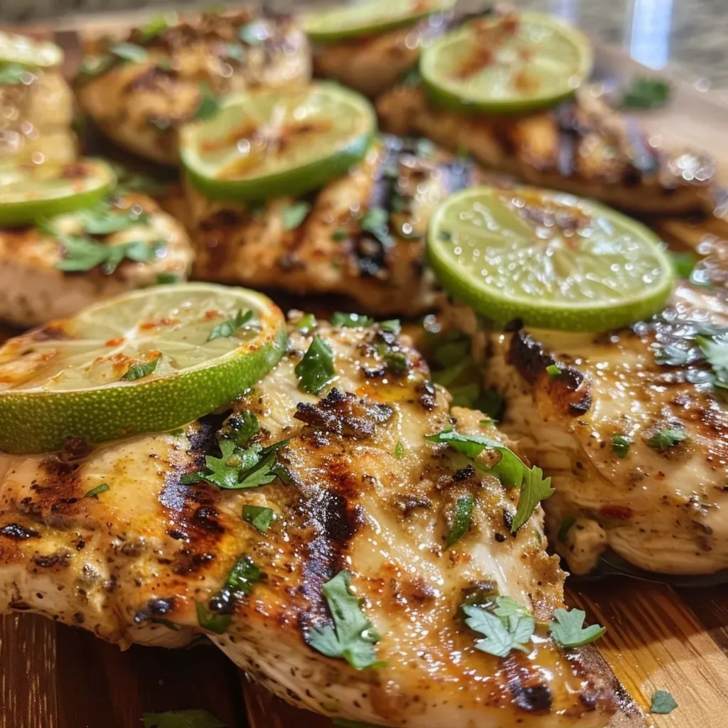 Juicy chicken breasts coated in a zesty lime marinade, garnished with lime zest.
