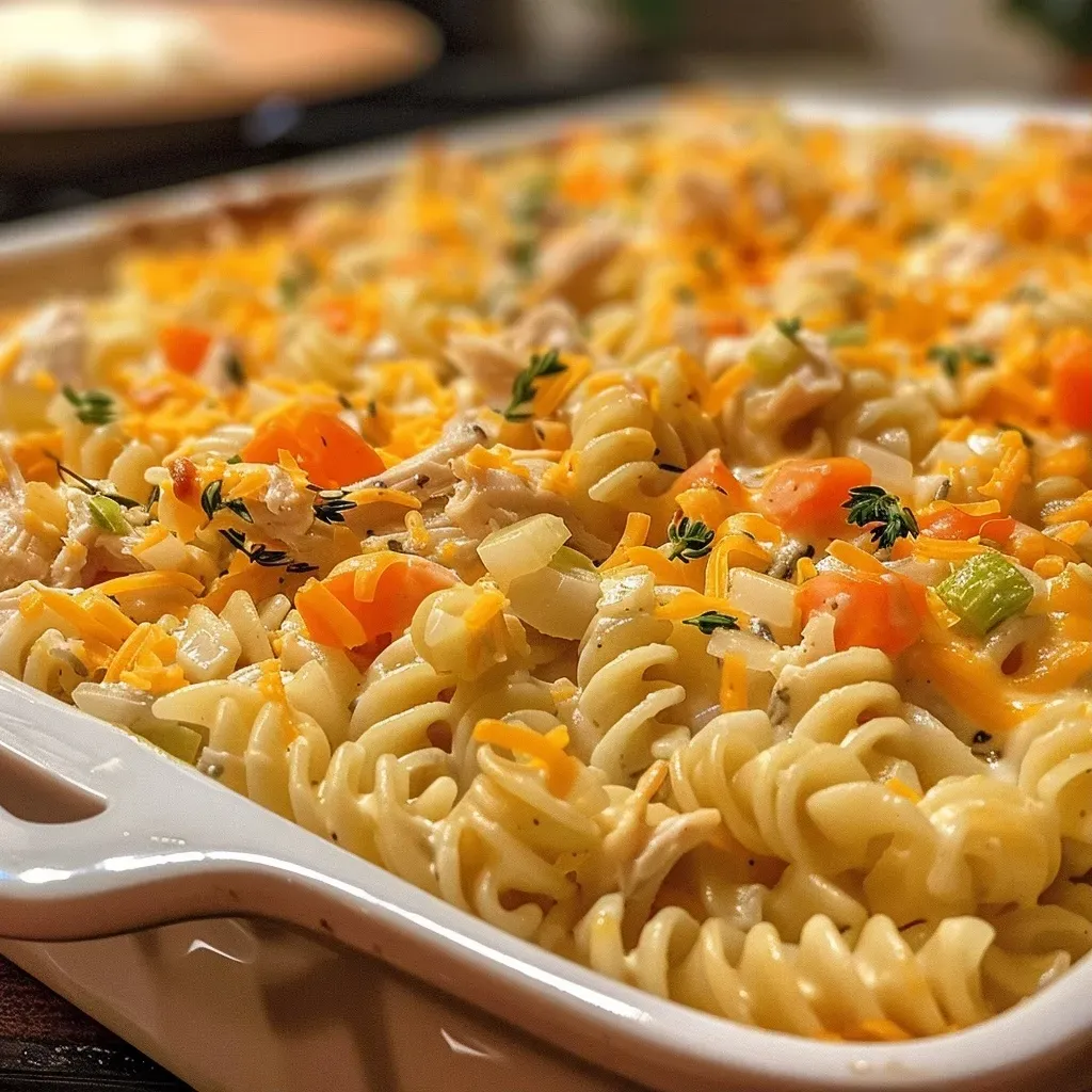 Close-up view of a delicious chicken noodle casserole featuring rotini pasta and cheddar cheese.