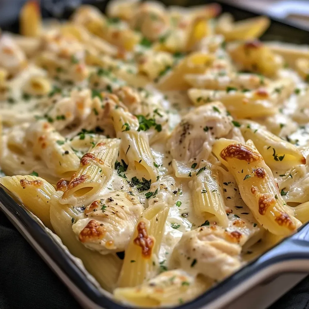 Close-up view of a creamy Chicken Alfredo Bake with melted cheese on top.