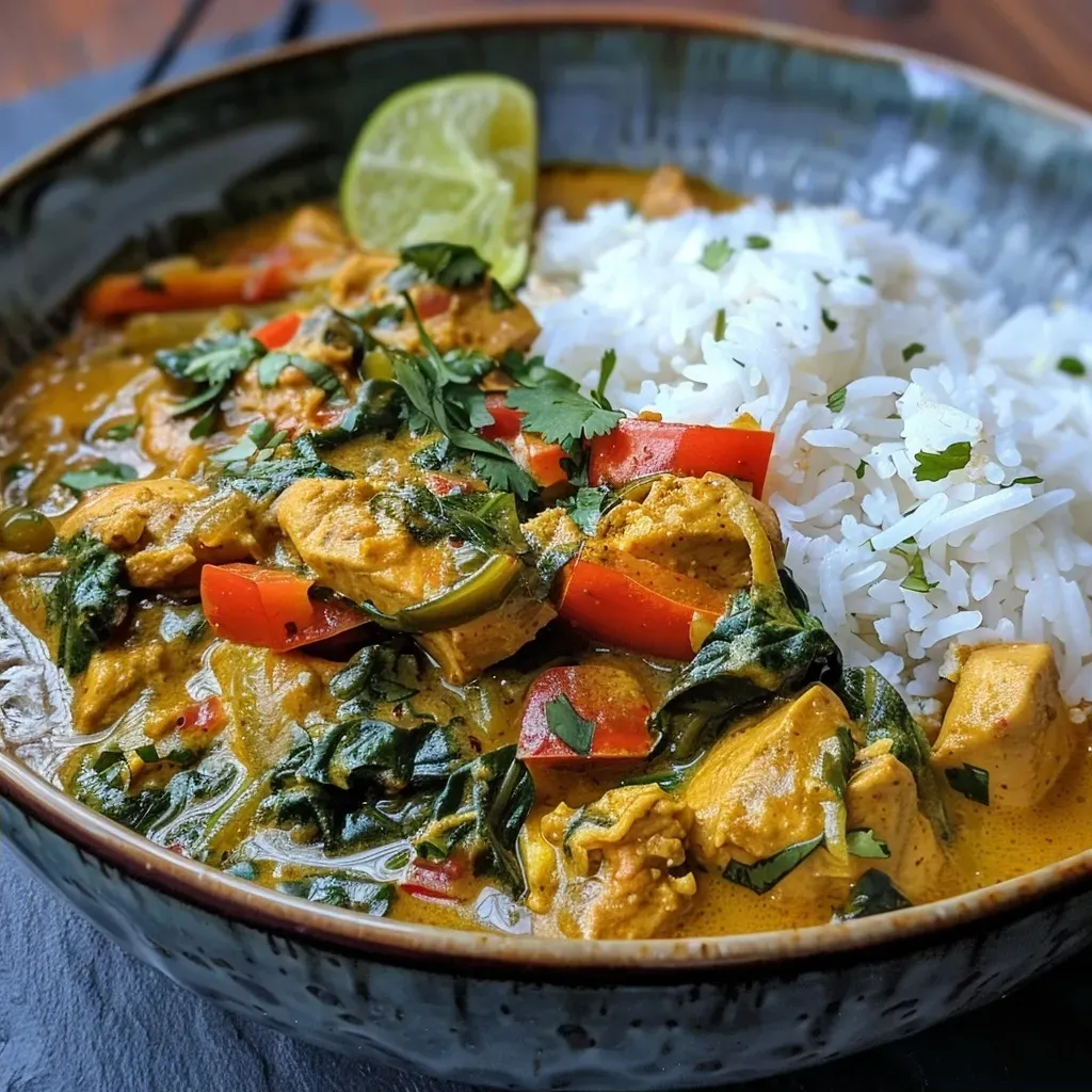 Juicy pieces of chicken in a creamy coconut curry with colorful bell peppers and spinach.