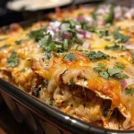 Close-up of a baked chicken enchilada casserole with melted cheese on top.