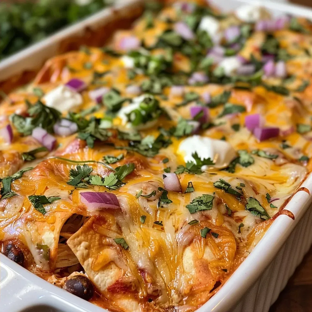 Side view of a hearty chicken enchilada casserole, showcasing layers of tortillas and chicken.