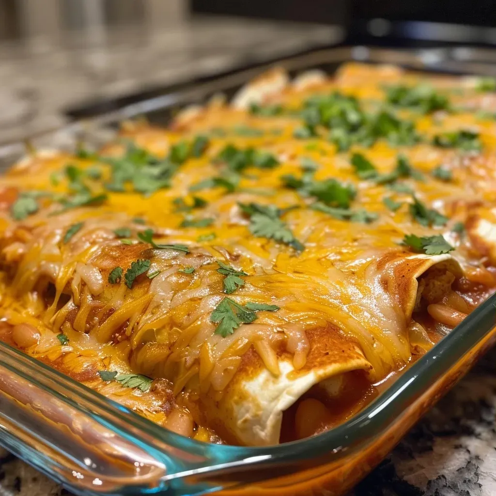 Close-up side view of juicy chicken enchiladas topped with enchilada sauce.