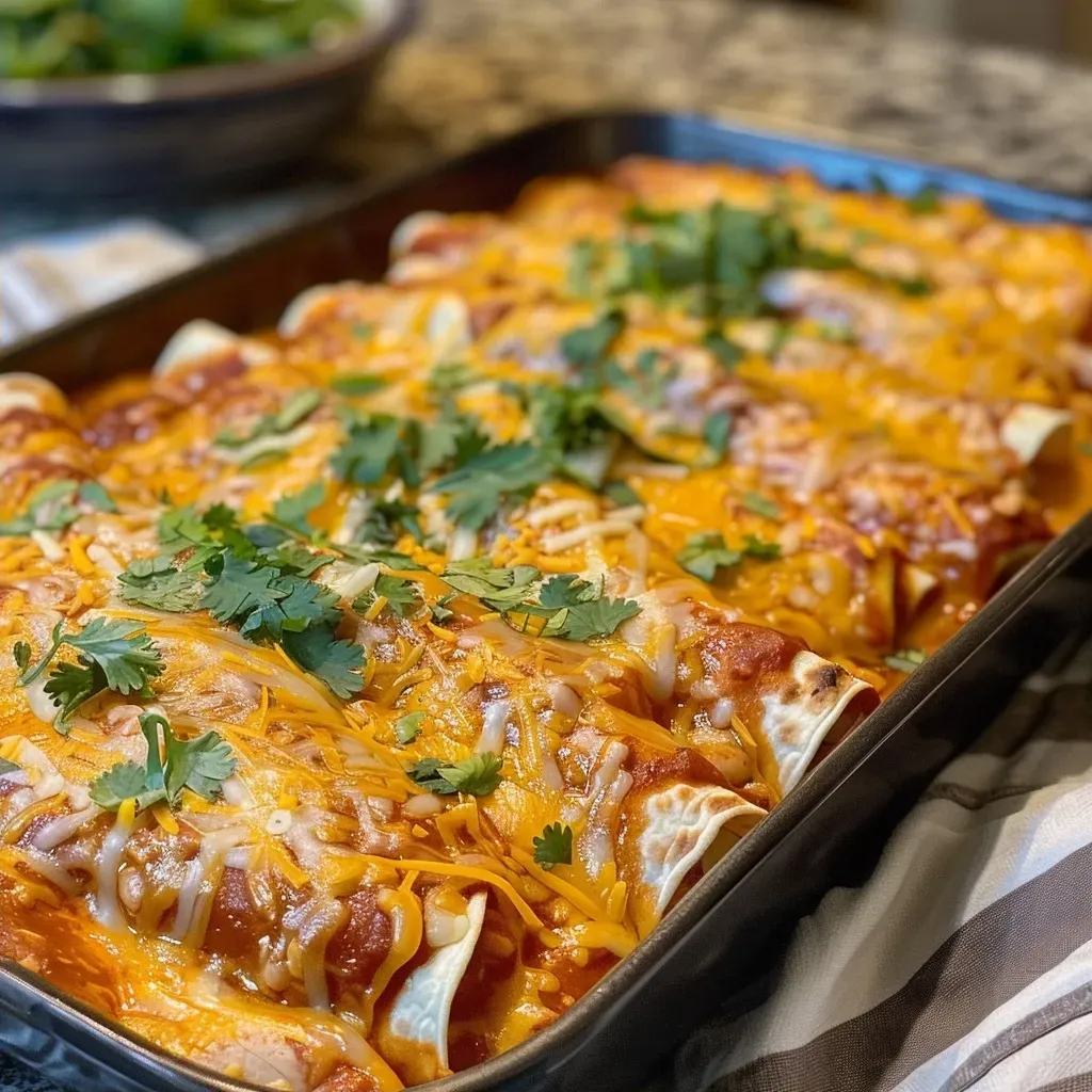 Delicious Easy Chicken Enchiladas filled with shredded chicken and cheese.