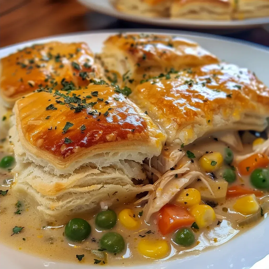 Side view of a juicy chicken pot pie filled with vegetables, topped with biscuit layers.