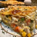 Juicy chicken pot pie with a golden-brown crust and visible vegetable filling in a close-up view.