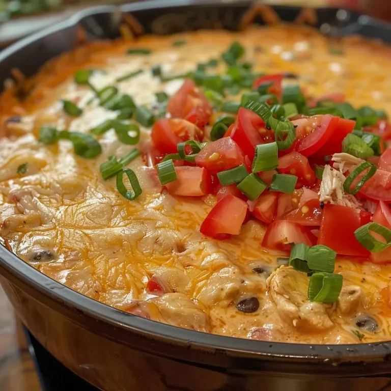 Close-up of creamy chicken queso dip with cheese and toppings.