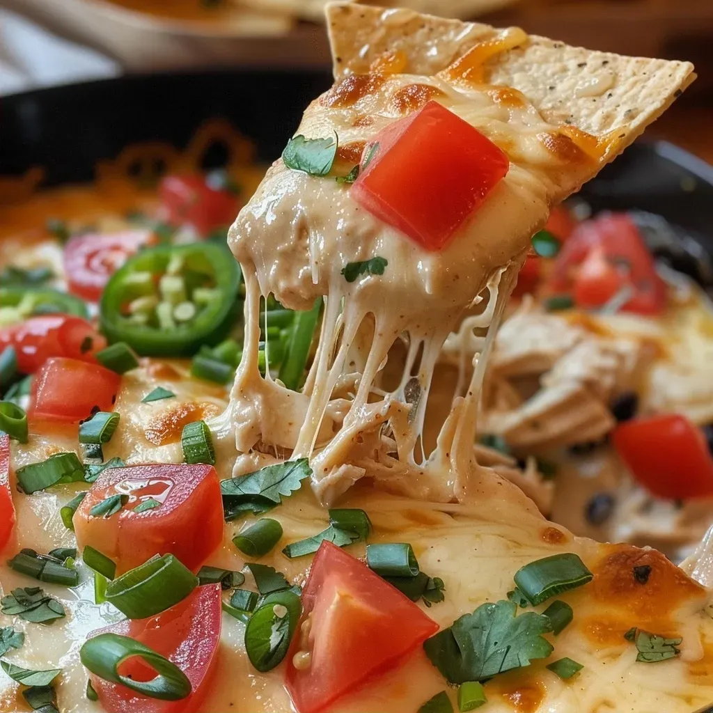 Side view of melted queso dip with chicken, tomatoes, and green onions.