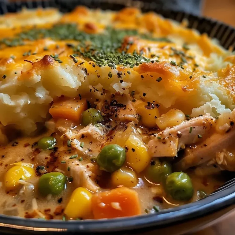 Close-up of a slice of Easy Chicken Shepherd's Pie on a plate, revealing layers of chicken and vegetables.