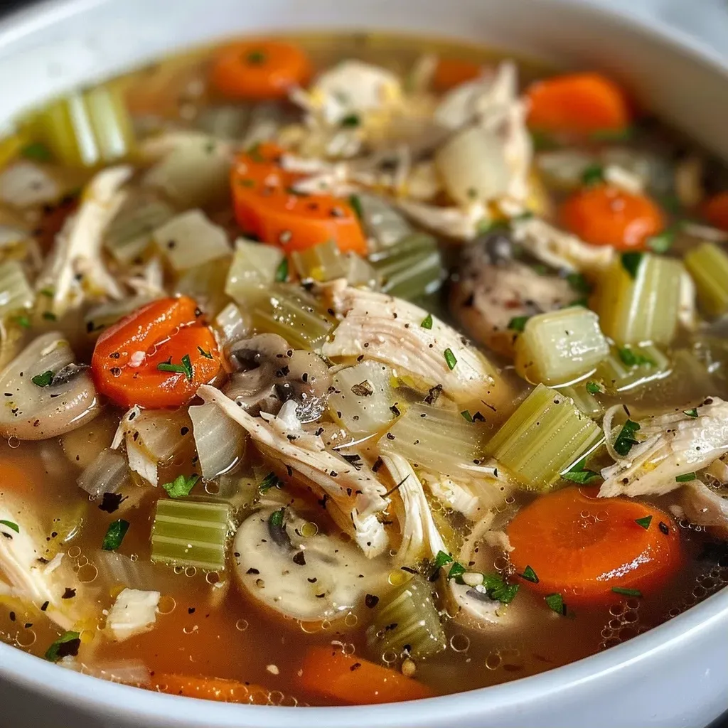 Close-up view of a bowl of Easy Chicken Soup featuring vegetables and chicken.