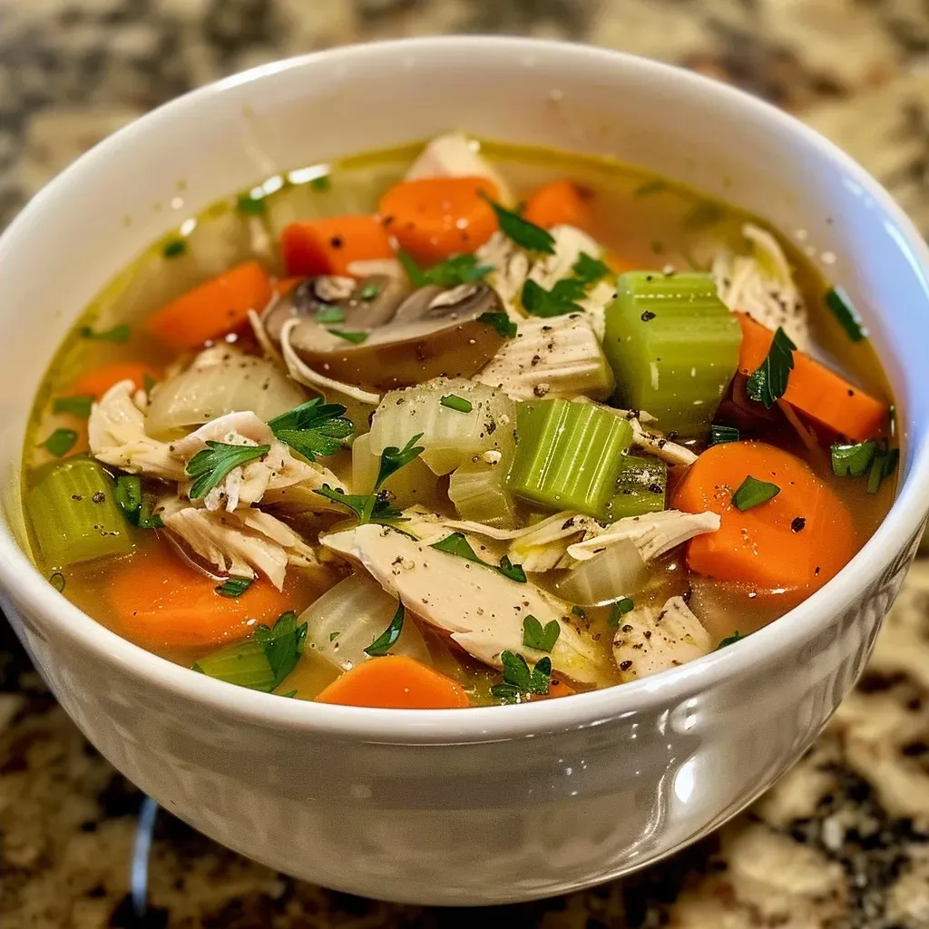 Side photo showing a steaming bowl of Easy Chicken Soup with a variety of ingredients.
