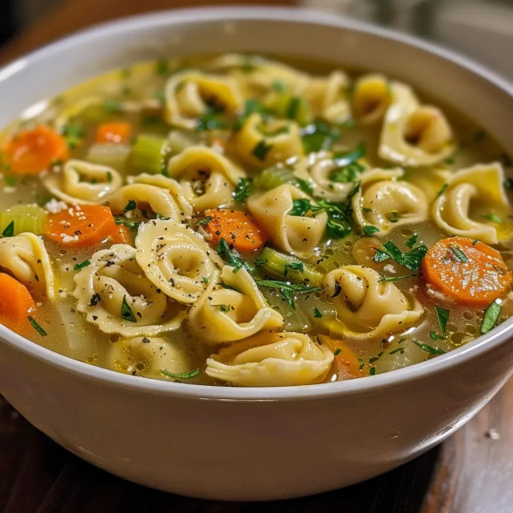 Close-up view of a bowl of Easy Chicken Tortellini Soup, showcasing colorful ingredients.